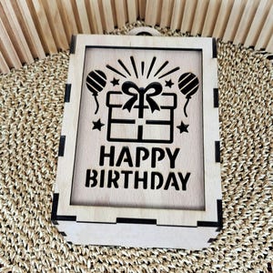 May include: A light-colored wooden box with a laser-cut design that reads "HAPPY BIRTHDAY." The design includes a gift, balloons, and stars. The box has a black border and a small handle at the top.