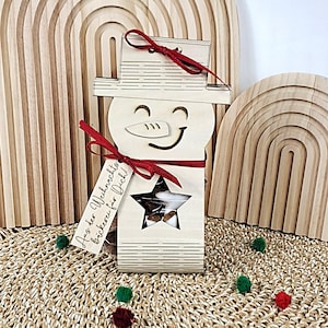 May include: A wooden snowman-shaped gift box with a star-shaped window, tied with a red ribbon. The box contains treats and has a tag that reads "Aus der Weihnachts bäckerei für Dich!" on a woven mat with decorative pom-poms.