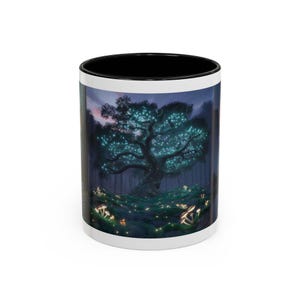 Magisch leuchtender Baum, Fantasiewald Kunstdruck mit biolumineszierenden Pilzen und verzauberten Lichtern für die Fairycore Wanddekoration