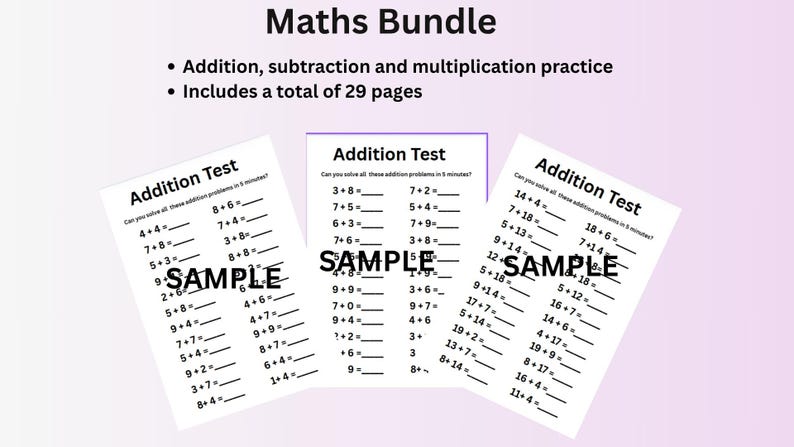 Math Worksheets Bundle: Addition, Subtraction, Times Table (PDF ...