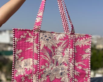 Rosa Baumwoll-Einkaufstasche mit Blumenmuster: Große Boho Schulter Handtasche, umweltfreundliche Markttasche