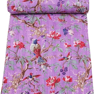 Rajasthali Indian Vintage Handmade Stitched Traditional Blankets Reversible Bird Print Kantha Quilt( Purple ) 60&quot;X90&quot;, 90&quot;x108&quot;, 108&quot;X108&quot;