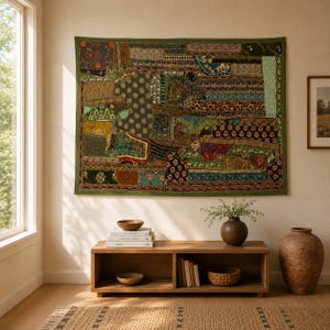 Khambadiya Embroidered Patchwork Tapestry – Vintage Indian Wall Decor – Unique Handmade Art