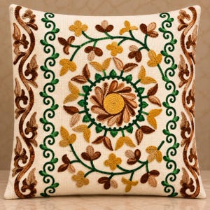 Hand Embroidered Floral Cushion Cover, 16 x 16 Inch Mandala Chakra Throw Pillow, Boho Decorative Pillow Cover, Indian Ethnic Home Decor