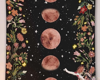 Floral Mond Phasen Wandteppich | Boho Wandbehang Dekor