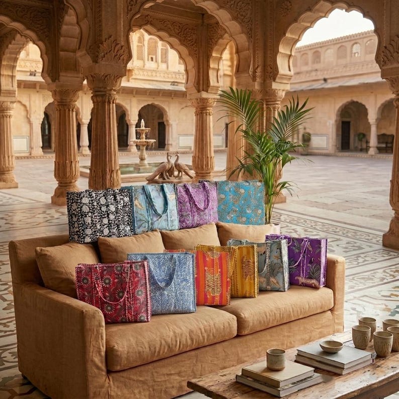 K&ouml;nnte beinhalten: Eine Sammlung von Tragetaschen mit verschiedenen Blumen- und Mustermotiven in Rot-, Blau-, Lila- und Goldt&ouml;nen. Die Taschen sind auf einem braunen Sofa in einem Innenhof ausgestellt.