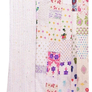 Handgjord vintage Kantha-quilt, vändbar patchworkbroderi, vit