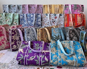 Bunt gedruckte indische Blumentier-Einkaufstasche aus Baumwolle, leichte Schultertasche, Alltagstasche