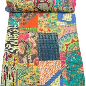 Handgjort Kantha-täcke i vintage-lapptäcke – Färgglatt bomullsöverkast, boho-överkast