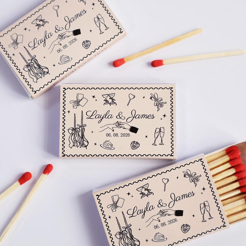 Custom Wedding Matchboxes – Personalized Doodle Design Favors for Reception or Guests image 1