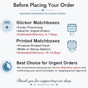 May include: An informational graphic titled Before Placing Your Order with details on Sticker Matchboxes and Printed Matchboxes. It lists processing times, delivery estimates of 5-7 days and 10-15 days, and advice for urgent orders with icons.