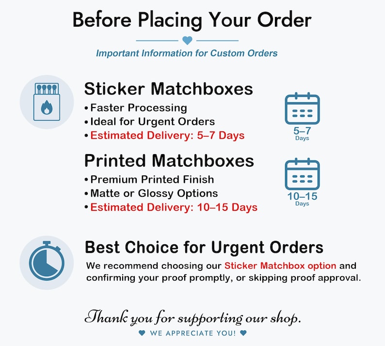 May include: An informational graphic titled Before Placing Your Order with details on Sticker Matchboxes and Printed Matchboxes. It lists processing times, delivery estimates of 5-7 days and 10-15 days, and advice for urgent orders with icons.