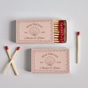 Seas the Day Matchboxes, Personalized Coastal Shell Wedding Favor, beach wedding