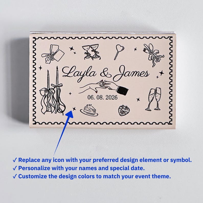 Custom Wedding Matchboxes – Personalized Doodle Design Favors for Reception or Guests image 2