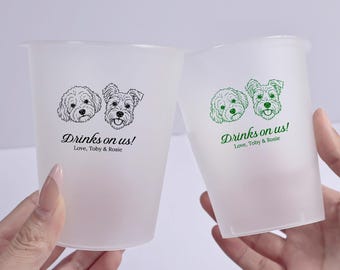 Custom Pet Portrait Frosted Cups, Drinks On Us Wedding Cups, Bar Party Decor