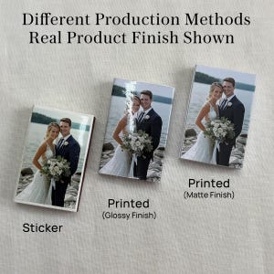 May include: Three rectangular items displaying a wedding photograph of a couple. The left item is labeled Sticker. The center item is labeled Printed (Glossy Finish). The right item is labeled Printed (Matte Finish). Text reads Different Production Methods Real Product Finish Shown.