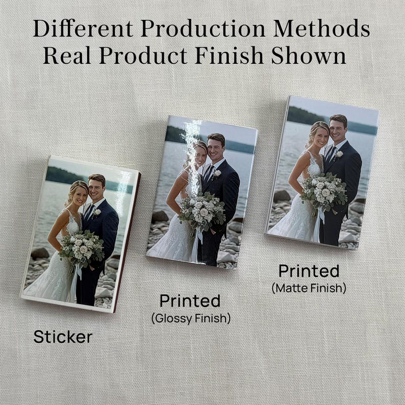 May include: Three rectangular items displaying a wedding photograph of a couple. The left item is labeled Sticker. The center item is labeled Printed (Glossy Finish). The right item is labeled Printed (Matte Finish). Text reads Different Production Methods Real Product Finish Shown.