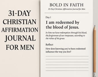 Puede incluir: Un diario de afirmaciones cristianas de 31 días para hombres. El diario presenta el texto «BOLD IN FAITH» y «Soy redimido por la sangre de Jesús». Un lápiz de madera descansa en el lado derecho.