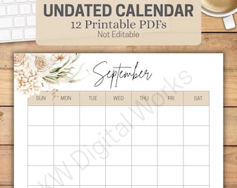 Neutral Floral Undated Calendar | 12 Printable Monthly PDFs | Minimal Boho Aesthetic Wall/Desk Planner | US Letter 8.5x11 Instant Download