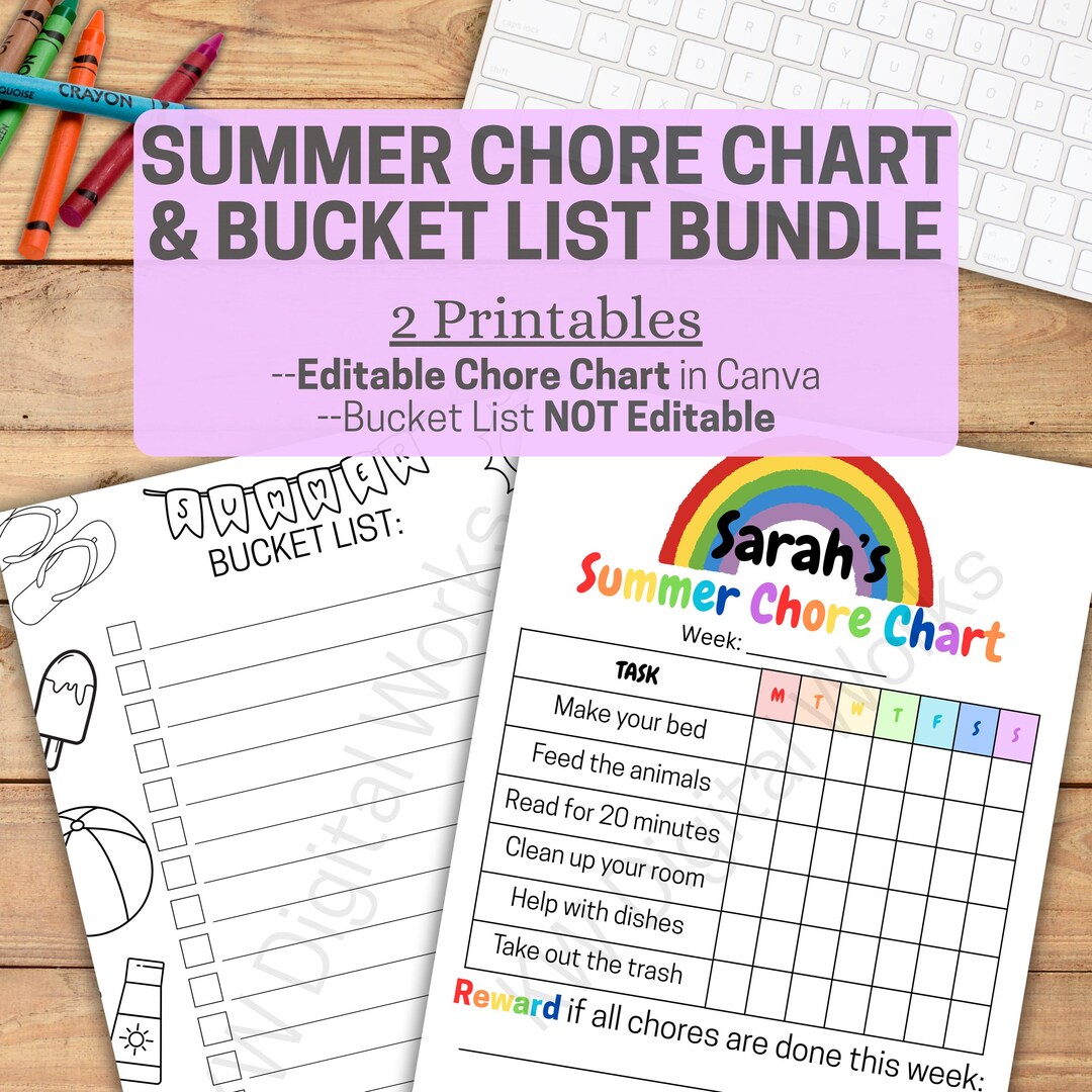 Chore Bucket Summer Chore Chart & Bucket List Bundle: Kids Activities Printable (PDF ...