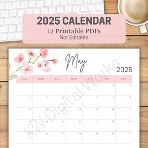 2025 Calendar Printable | 12-Month Pink Floral PDF Bundle | Monthly Planner Pages 8.5x11 | Instant Download | Aesthetic Design