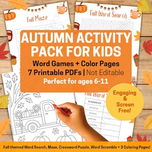 Autumn Activity Pack for Kids | 7 Printable Fall Worksheets | Word Games, Mazes + Coloring Pages | Fun PDF for Ages 6-11 | Homeschool