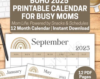 Boho Rainbow 2025 Calendar for Moms: Printable PDF Planner (Instant Download)