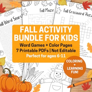 Fall Activity Printable Bundle for Kids Ages 6-11 | Word Games, Coloring Pages, Maze, Word Search, PDF Fall Classroom Fun Set