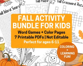 Fall Activity Bundle: Word Games, Coloring Pages, Maze (PDF Download for Kids 6-11
