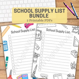 School Supply List Printable | Back to School Checklist for Kids, Parents, Teachers | Color and B&W Coloring Page Bundle | PDF Download
