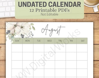 Undated Monthly Calendar Printable | 12 Page Floral Minimalist PDF Set |  Aesthetic Monthly Planner |  Instant Download Not Editable
