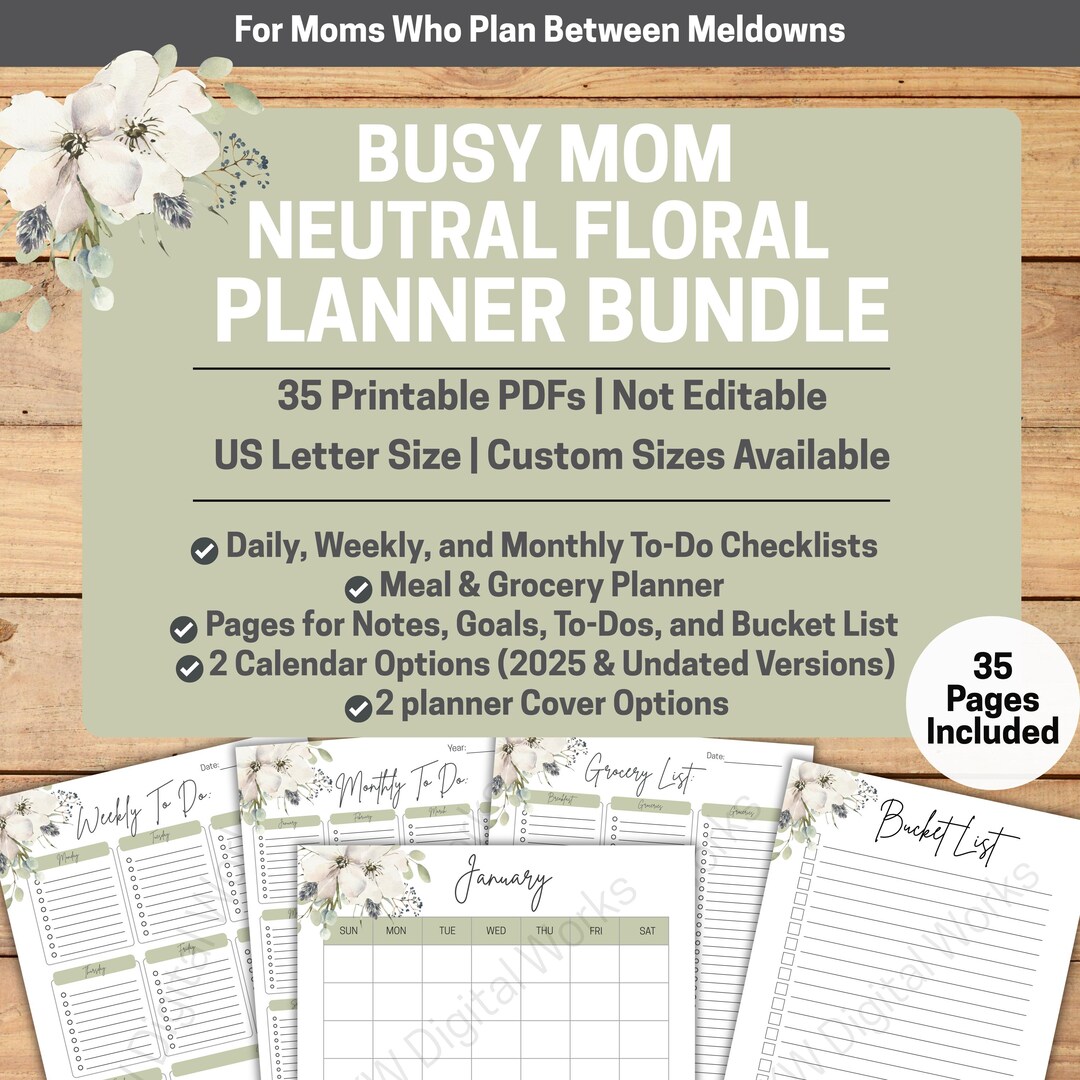 Busy Mom Planner Bundle | Neutral Floral PDF Set for Home, Meal & Life ...