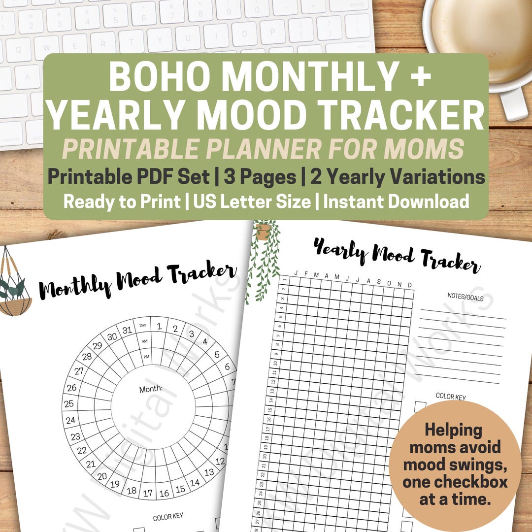 Boho Mood Tracker Printable for Moms | Monthly + Yearly Mood Chart ...