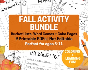 Fall Activity Bundle for Kids: Word Games, Coloring Pages (Printable PDF Set, Ages 6-11)