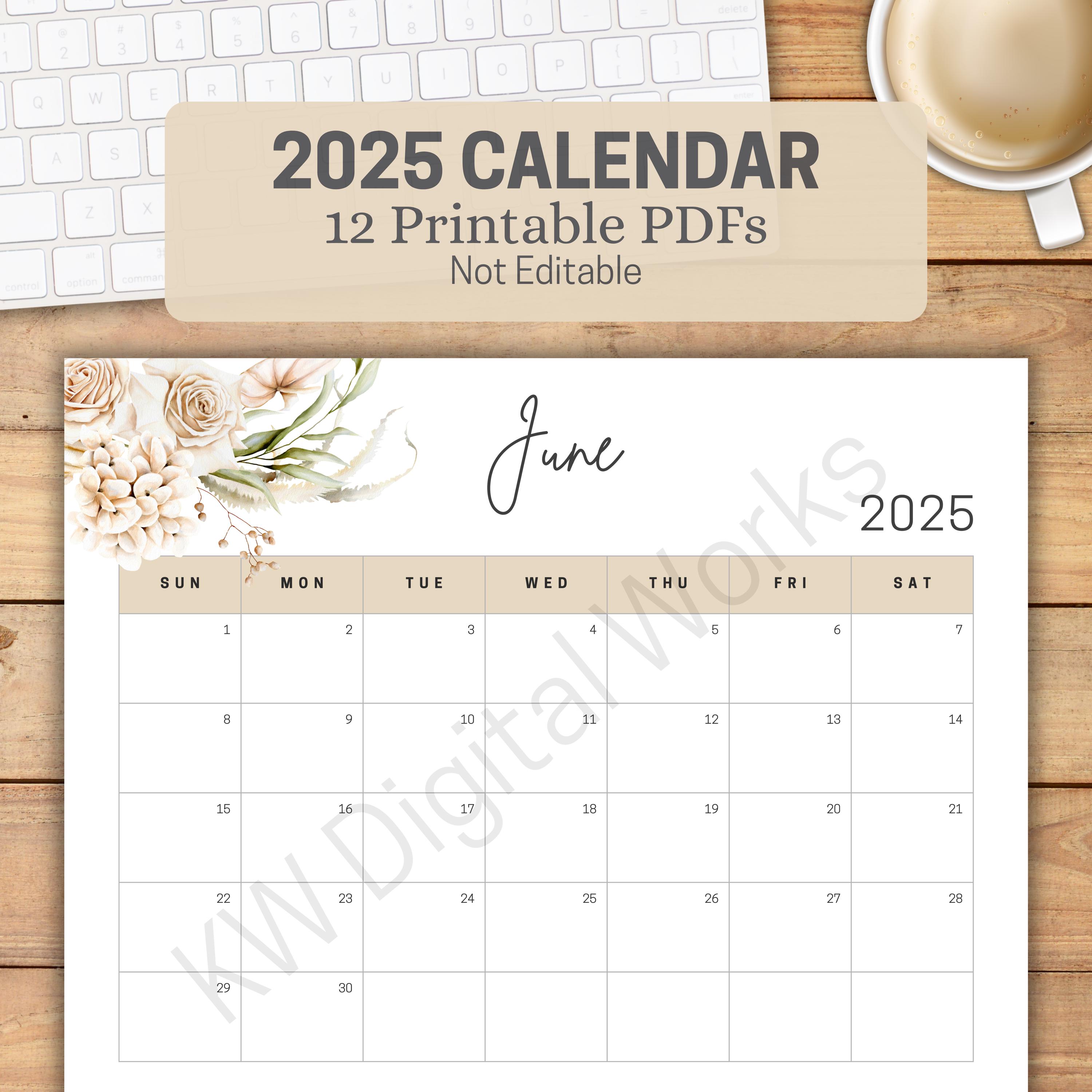 2025 Floral Beige Printable Calendar | Neutral Monthly Planner PDF | 12 Dated Pages | Wall or Desk Calendar | 8.5x11 Instant Download