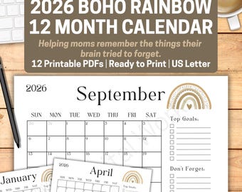 2026 Boho Rainbow Calendar with Federal Holidays | 12 Month Printable Planner PDF | Aesthetic Monthly Wall Calendar US Letter