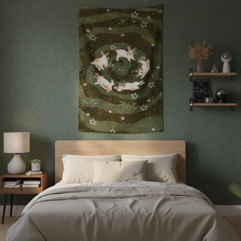 Celestial Bunny Spiral Tapestry,bunny Wall Hanging,green Witchy Rabbit ...
