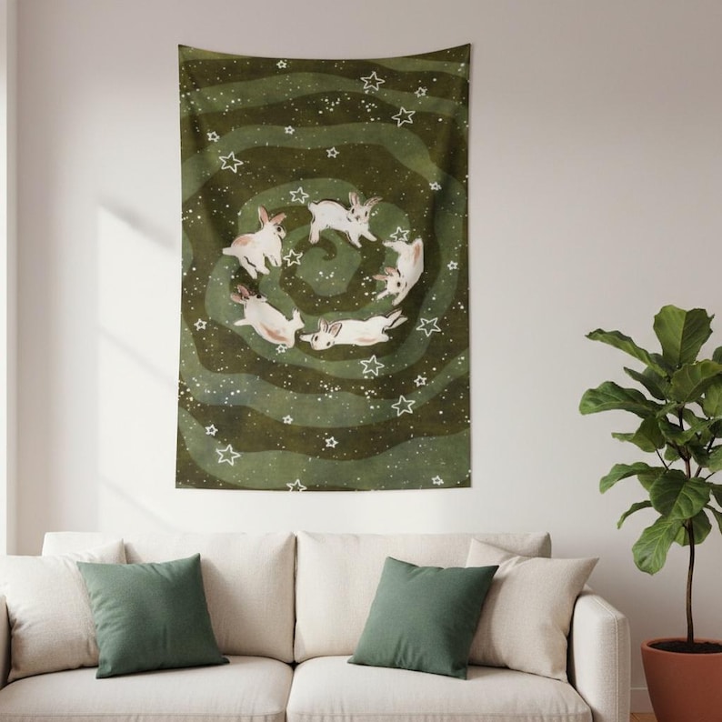 Celestial Bunny Spiral Tapestry,bunny Wall Hanging,green Witchy Rabbit ...