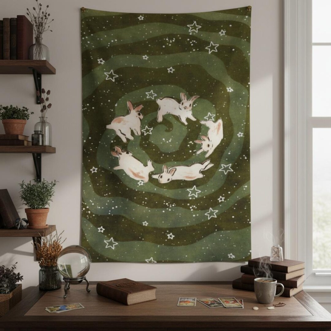 Celestial Bunny Spiral Tapestry,bunny Wall Hanging,green Witchy Rabbit ...
