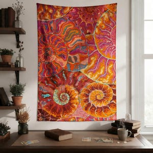 May include: A large, rectangular wall tapestry featuring a vibrant, abstract design of swirling, spiral patterns in shades of orange, red, pink, and blue. The artwork resembles cross-sections of nautilus shells, creating a bold and colorful statement piece.