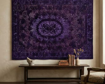 Vintage Purple Floral Medallion Tapestry, Distressed Oriental Rug Print Wall Hanging, Ornate Boho Botanical Wall Art, Gothic Home Decor