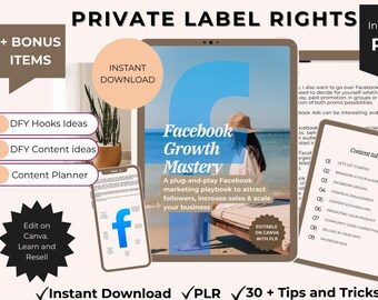 Könnte beinhalten: Digitales Marketingprodukt mit dem Titel "Facebook Growth Mastery" und "Private Label Rights". Das Bild zeigt ein Tablet, ein Telefon und ein Dokument mit einem Inhaltsverzeichnis. Es enthält auch den Text "Sofortiger Download" und "30+ Tipps und Tricks."