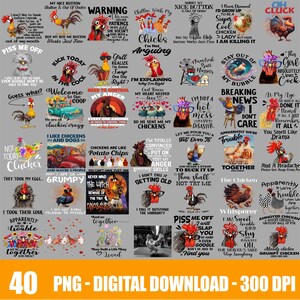 40 Chicken Quote PNG Pack, Funny Chicken PNG Files, Sublimation Shirt Mug PNGs for Chicken Lover and Crazy Chicken Lady Humor Fans