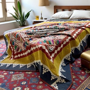 Applikation Baumwolle Elegant Bettdecke Sofa Zimmer Überwurf King Size Dohar Patchwork Indisch Handgemacht | Grün Weiß Rot Grau