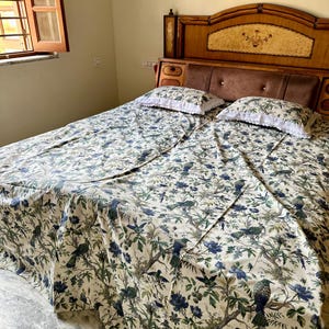 Handprinted Cotton Bedsheet Set: Blue Green Bird & Floral Design