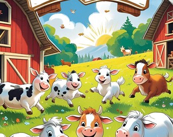 May include: A vibrant children's book cover featuring the title "Kindermalbuch BAUERHOF" above a cartoon illustration of cows running on a green hill. Red barns and a bright sun are in the background. The book's title is in green and brown.