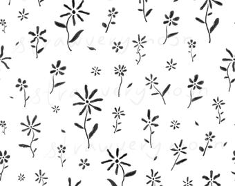 Hand-Drawn Black Flowers Seamless Pattern, Minimal Monochrome Floral Digital Paper, Modern Botanical Design for Commercial Use