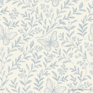 May include: A seamless pattern featuring delicate blue butterflies and floral branches on a cream background. The design is a detailed line drawing, creating a vintage or botanical aesthetic. The pattern repeats across the image.