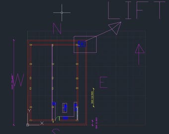Może przedstawiać: Plan architektoniczny na ciemnym tle. Plan zawiera prostokątne kontury z czerwonymi i żółtymi liniami, oznaczone kierunkami kompasu i wymiarami. Widoczne jest również słowo "LIFT".