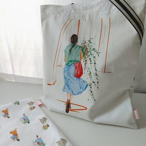 Handmade Canvas Tote Bag – Girl with Red Bag Watercolor Illustration